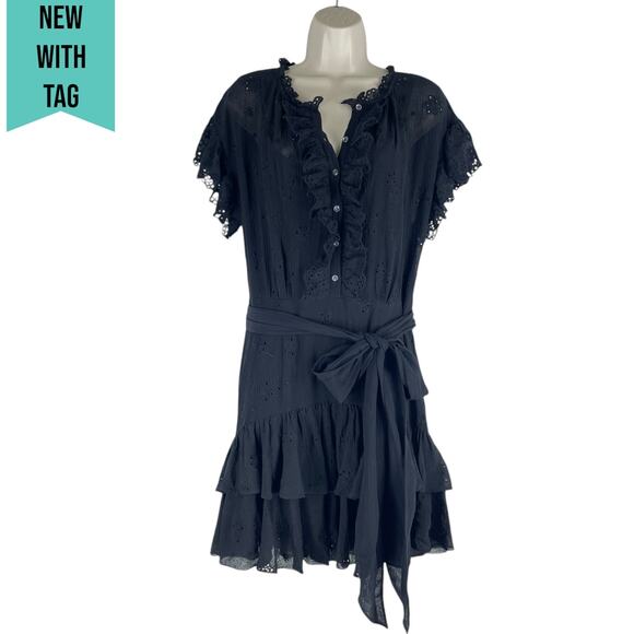 Rebecca Taylor Black Dree Silk Blend Eyelet Ruffle Mini Dress Size 12 - Picture 4 of 12